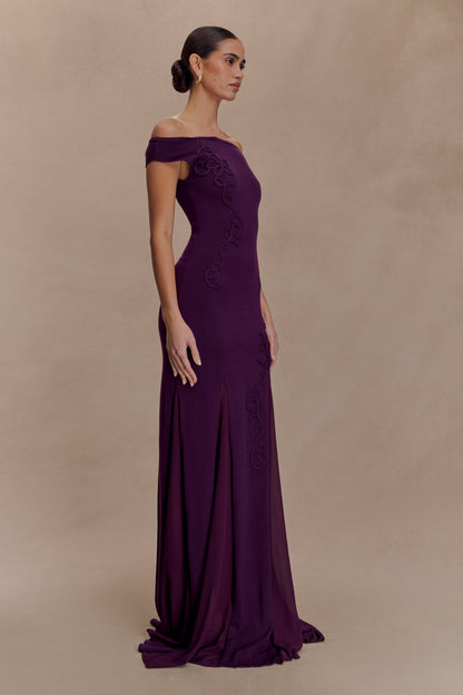 Robe en tricot à épaules dénudées brodée Nesta - Prune