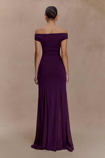 Robe en tricot à épaules dénudées brodée Nesta - Prune