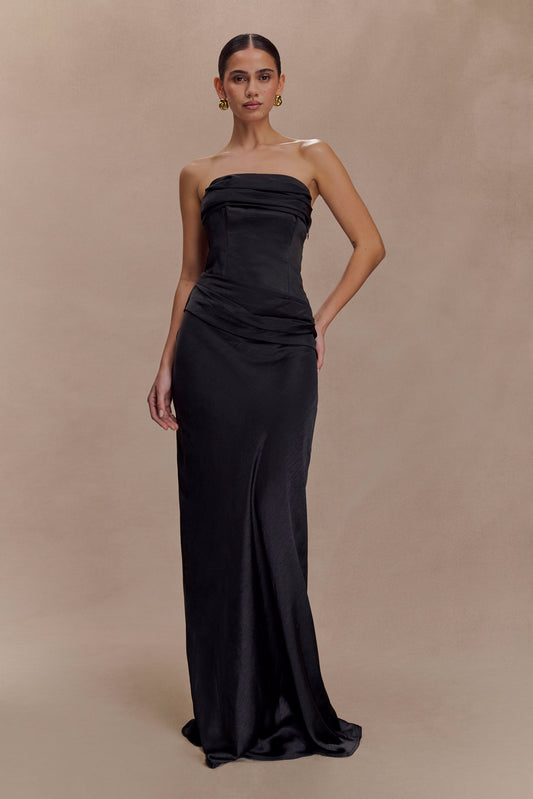 Jasmine Robe Maxi en Satin Sans Bretelles - Noir