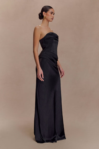 Jasmine Robe Maxi en Satin Sans Bretelles - Noir