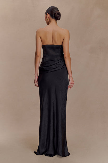 Jasmine Robe Maxi en Satin Sans Bretelles - Noir