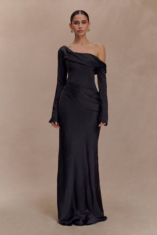 Robe Maxi Satin Iris à Manches Longues - Noire