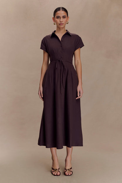 Robe midi en lin à boutons Aysha - Chocolat