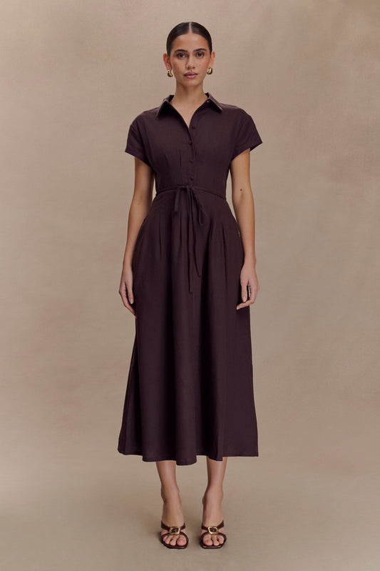 Robe midi en lin à boutons Aysha - Chocolat