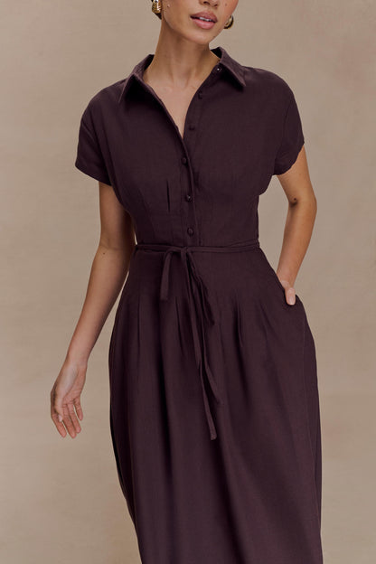 Robe midi en lin à boutons Aysha - Chocolat