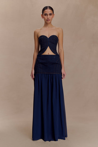 Top en jean sans bretelles à surpiqûres Tully - Bleu indigo