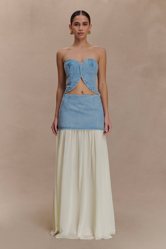 Jupe Maxi en Jean Chiffon Tully - Bleu des Années 80