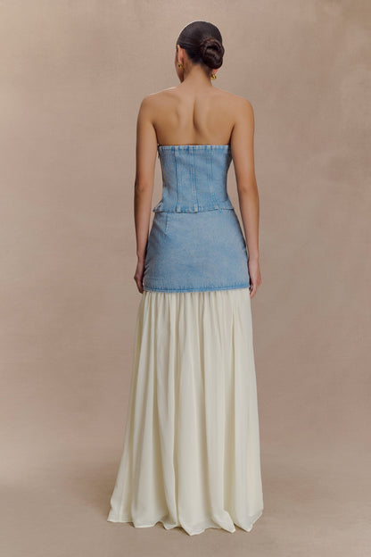 Top en jean sans bretelles à surpiqûres Tully - Bleu des années 80