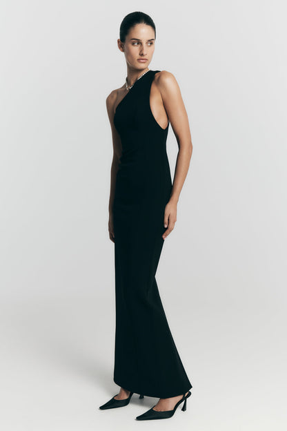 Robe Maxi Milena en Crêpe avec une Seule Épaule - Noire