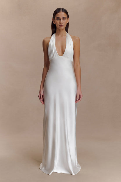 Alice Robe Maxi Satin à Décolleté Croisé - Blanc