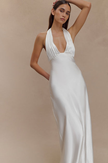 Alice Robe Maxi Satin à Décolleté Croisé - Blanc