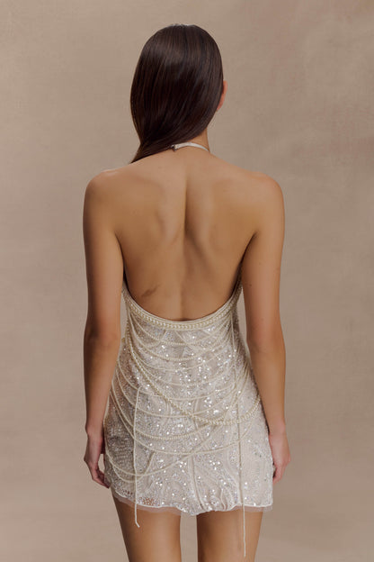Mini-robe perlée à bretelles Adora - Blanc