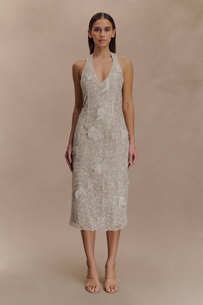 Robe midi en dentelle de soie à porter en bandoulière - Ivoire
