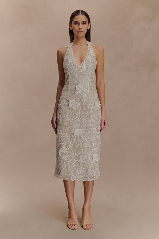 Robe midi en dentelle de soie à porter en bandoulière - Ivoire