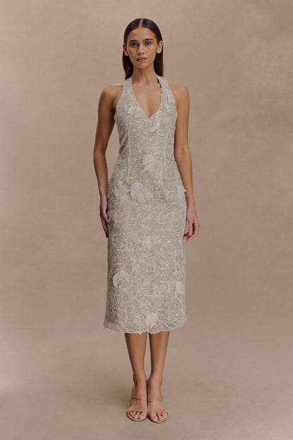 Robe midi en dentelle de soie à porter en bandoulière - Ivoire