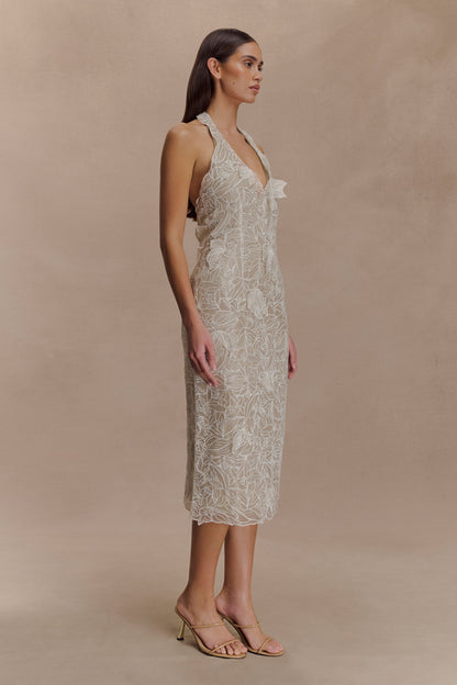 Robe midi en dentelle de soie à porter en bandoulière - Ivoire