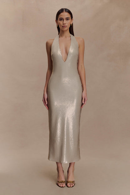 Robe midi halter à paillettes couleur chair - Or