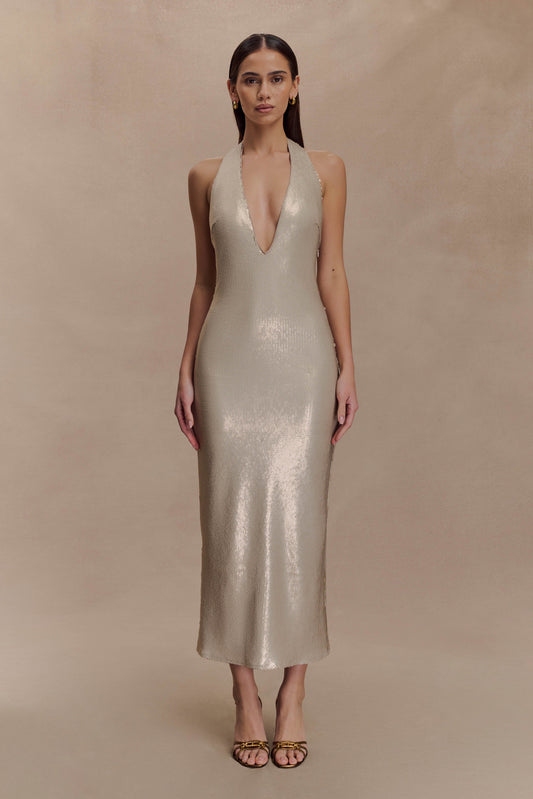 Robe midi halter à paillettes couleur chair - Or