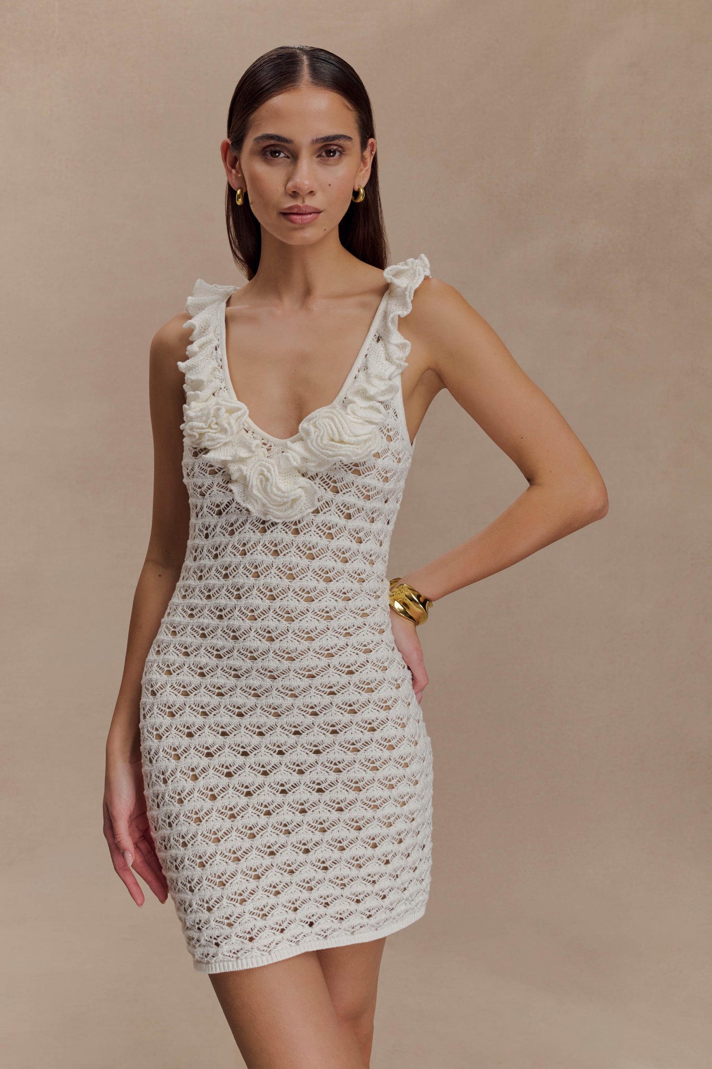 Robe sans manches en jersey côtelé à volants Brigid - Ivoire