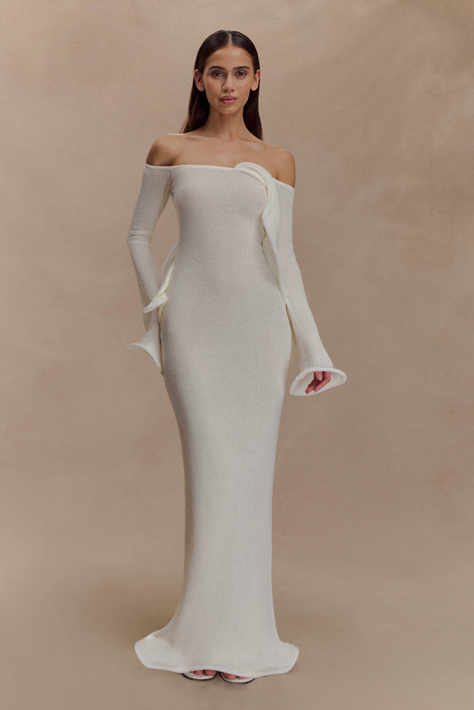 Sandrine Robe Maxi Tricoté à Manches Décolletées - Blanc