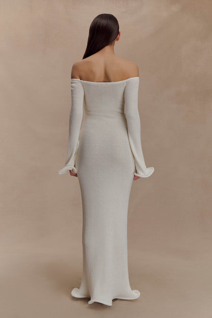 Sandrine Robe Maxi Tricoté à Manches Décolletées - Blanc