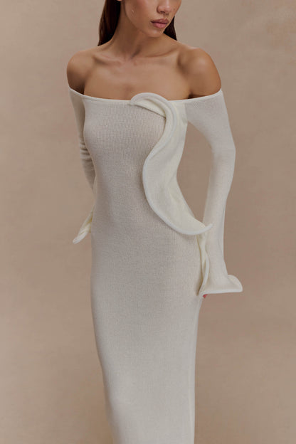 Sandrine Robe Maxi Tricoté à Manches Décolletées - Blanc