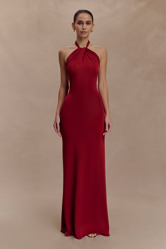 Robe Maxi Halter Élyna à Volants - Rouge Foncé