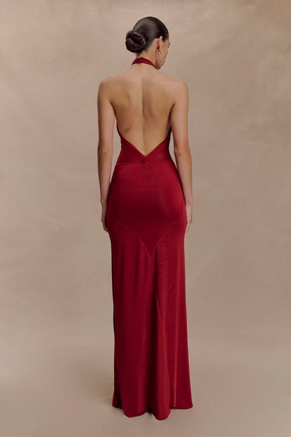 Robe Maxi Halter Élyna à Volants - Rouge Foncé