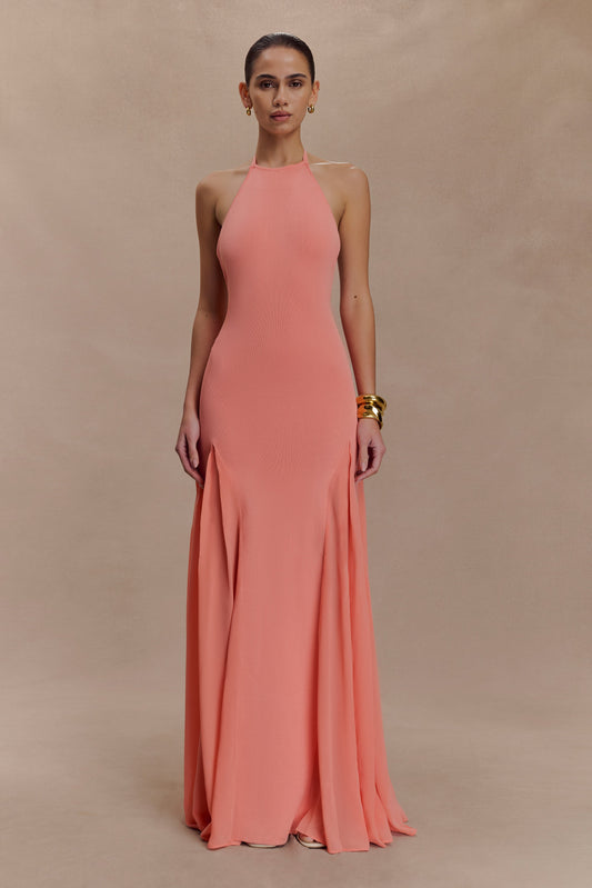 Robe Maxi Soleil en Tricot et Maille avec Décolleté en V - Corail