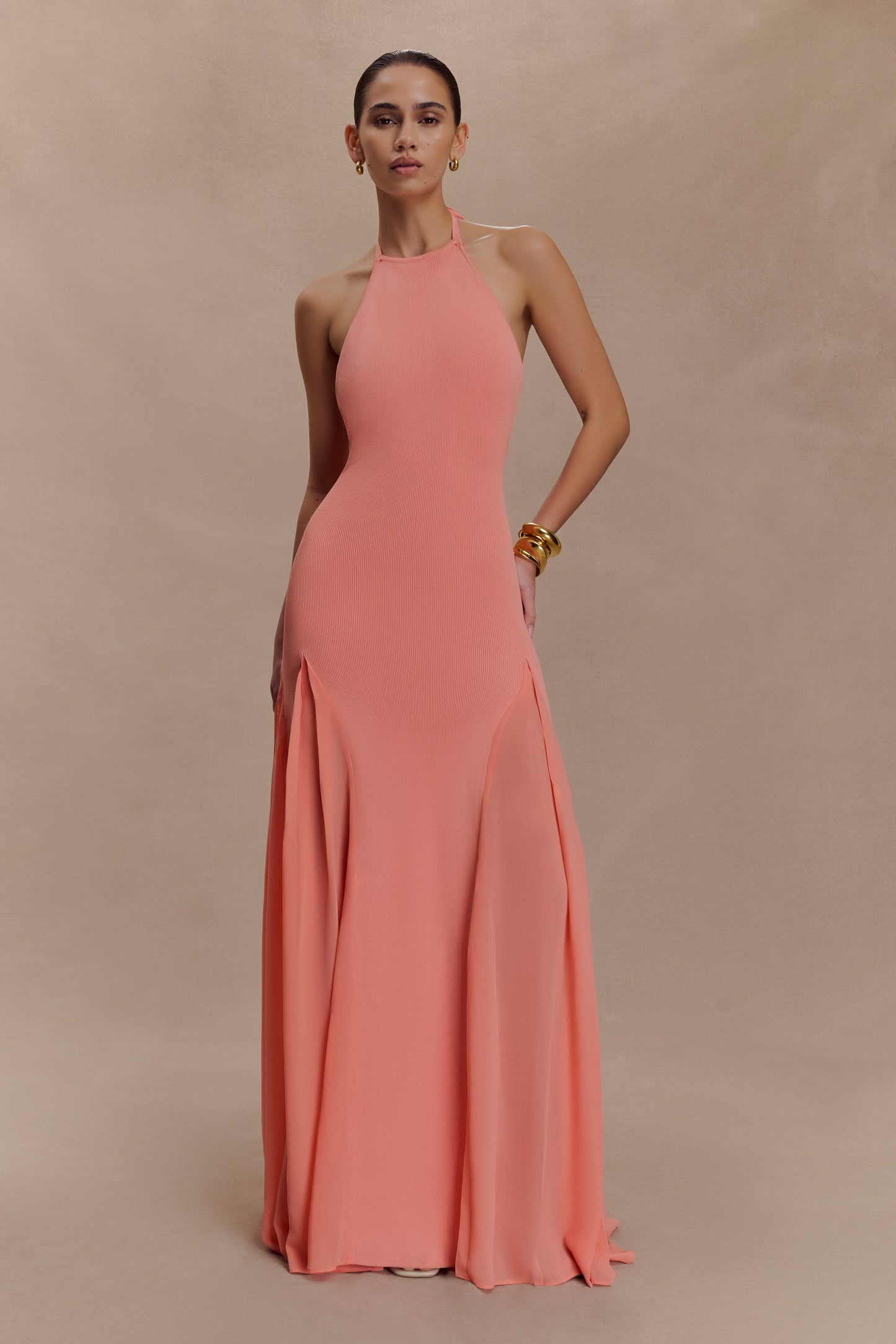 Robe Maxi Soleil en Tricot et Maille avec Décolleté en V - Corail