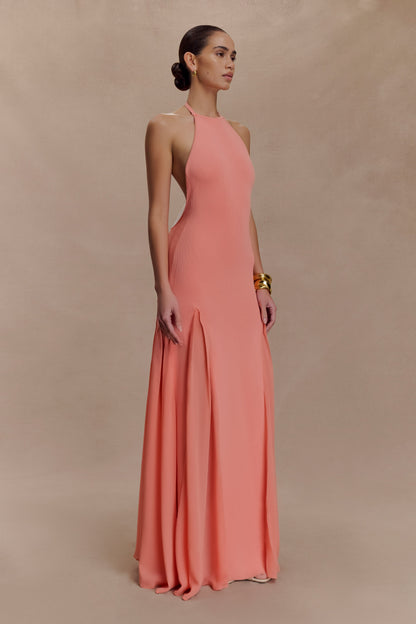 Robe Maxi Soleil en Tricot et Maille avec Décolleté en V - Corail