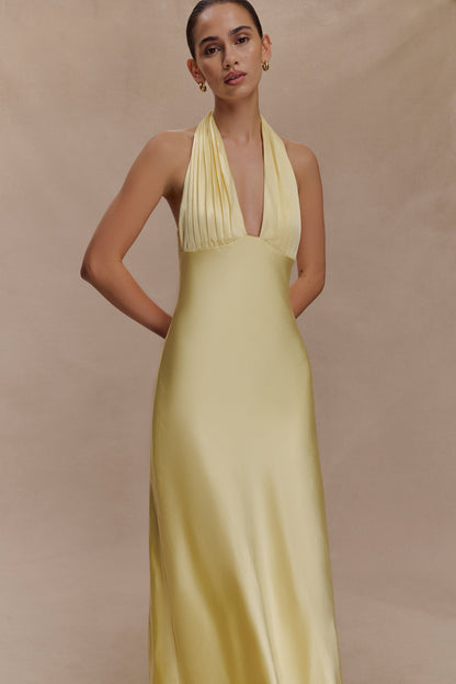 Alice Robe Maxi en Satin avec Décolleté Halter - Citron