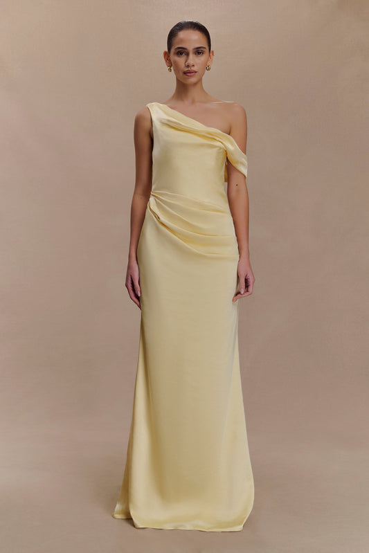 Robe Maxi en Satin Dalia à Manches Décolletées - Citron