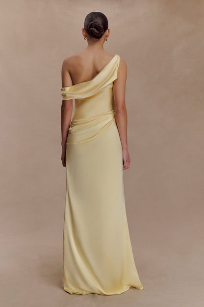 Robe Maxi en Satin Dalia à Manches Décolletées - Citron