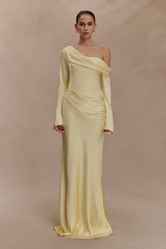 Iris Robe Maxi Satin à Manches Longues - Citron