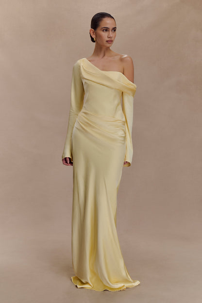 Iris Robe Maxi Satin à Manches Longues - Citron