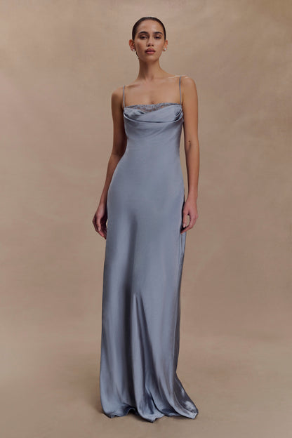 Robe Maxi en Dentelle et Satin Isadora - Bleu Glacé