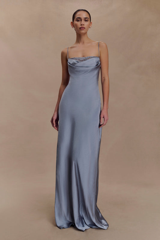 Robe Maxi en Dentelle et Satin Isadora - Bleu Glacé