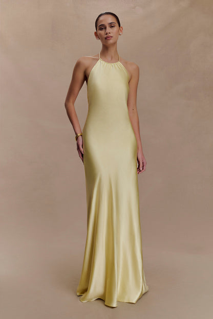 Robe longue satinée à col montant Bella - Citron