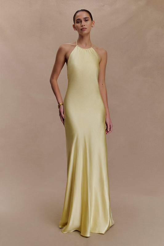 Robe longue satinée à col montant Bella - Citron