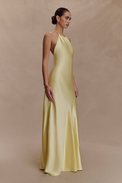 Robe longue satinée à col montant Bella - Citron