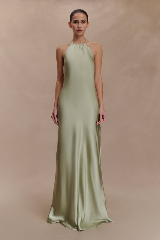 Robe Maxi Bella en Satin avec Décolleté en V - SAGE