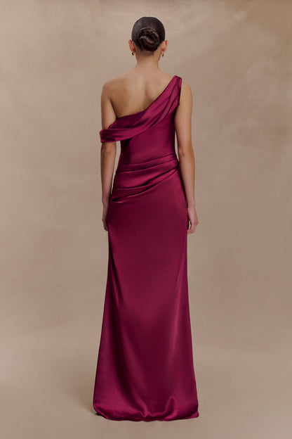 Robe Maxi en Satin Dalia à Manches Décolletées - Brun-Rouge