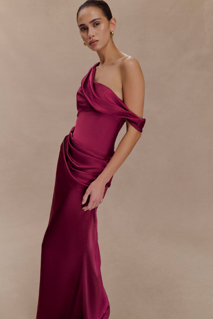 Robe Maxi en Satin Dalia à Manches Décolletées - Brun-Rouge