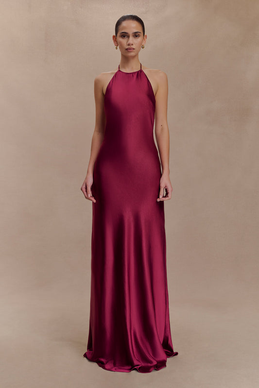 Bella Robe Maxi Halter en Satin - Brun-Rouge
