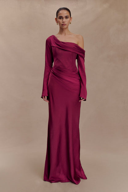 Robe longue satinée Iris à manches longues - Brun-rouge