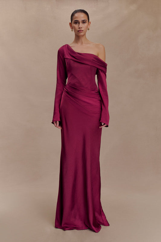 Robe longue satinée Iris à manches longues - Brun-rouge