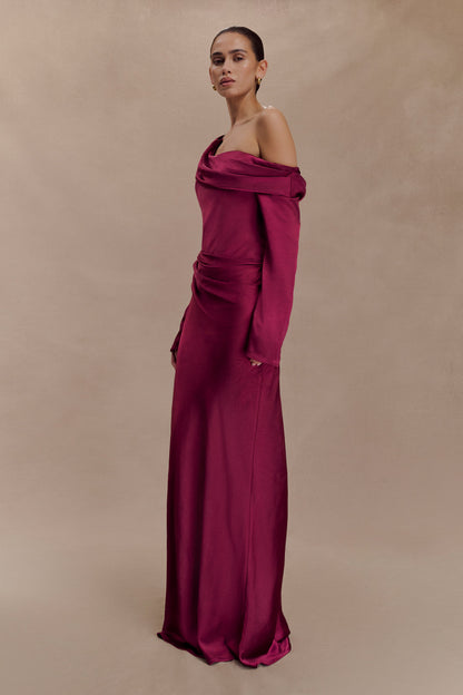 Robe longue satinée Iris à manches longues - Brun-rouge