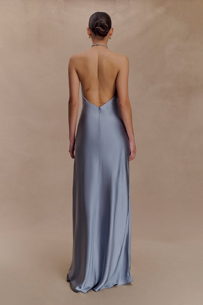 Bella Robe Maxi Satin Halter - Bleu Glacé