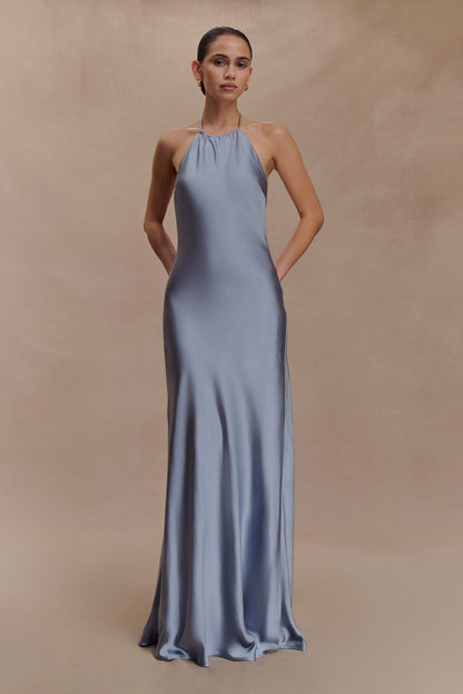 Bella Robe Maxi Satin Halter - Bleu Glacé